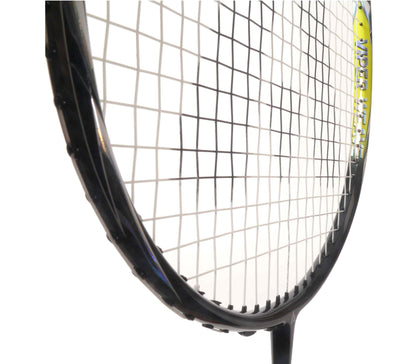 Close-up of a black badminton racket, highlighting the detailed strings and section of the frame made from Ultra Hi-Modulus Graphite for balanced performance. Against a plain white background, this showcases the sleek design of the Ashaway Viper XT-6000.