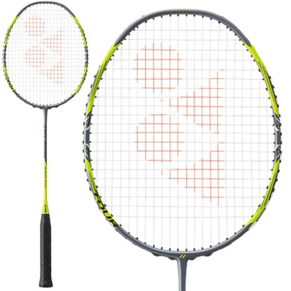 The Yonex Arcsaber 7 Tour Badminton Racket - 4U showcases a grey frame with a dynamic red string pattern set against a white backdrop. Accented by yellow details and featuring a black grip, the racket's head is sharply in focus, highlighting its detailed string design, ideal for the versatile player.