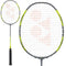 The Yonex Arcsaber 7 Tour Badminton Racket - 4U showcases a grey frame with a dynamic red string pattern set against a white backdrop. Accented by yellow details and featuring a black grip, the racket's head is sharply in focus, highlighting its detailed string design, ideal for the versatile player.