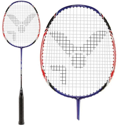 The Victor AL-3300 Badminton Racket by Victor showcases a blue and red aerodynamic frame complemented by a black grip. The strings create a geometric pattern with the brand's stylized logo at the center. A full view of the racket is presented alongside a close-up of its head.