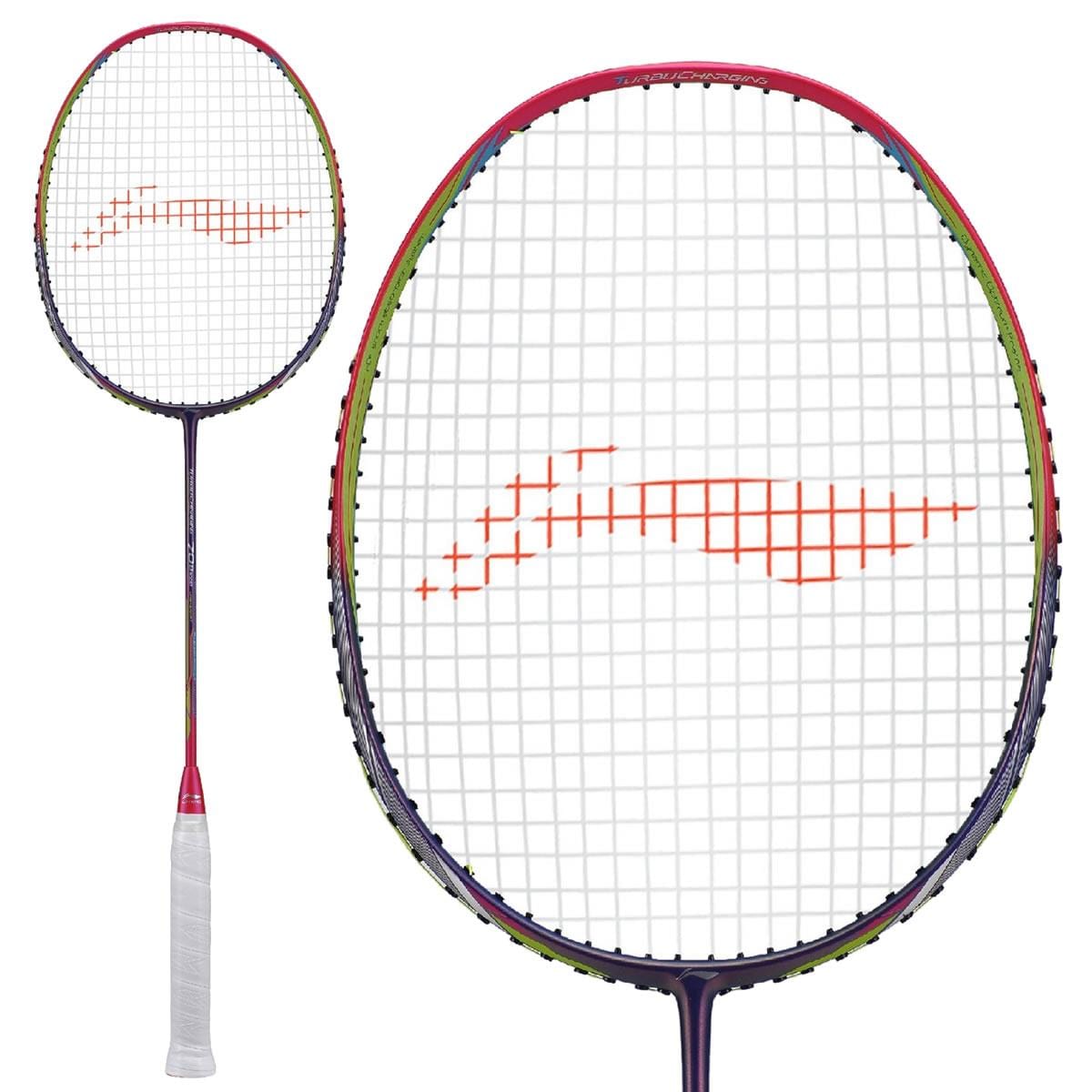 The Li-Ning Turbo Charging 70 Boost 3U Badminton Racket (Unstrung) showcases a white grip and a multicolored frame engineered for aerodynamic efficiency, with strings featuring a red-orange logo pattern. The racket is displayed fully along with a close-up of its head.