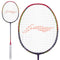 The Li-Ning Turbo Charging 70 Boost 3U Badminton Racket (Unstrung) showcases a white grip and a multicolored frame engineered for aerodynamic efficiency, with strings featuring a red-orange logo pattern. The racket is displayed fully along with a close-up of its head.