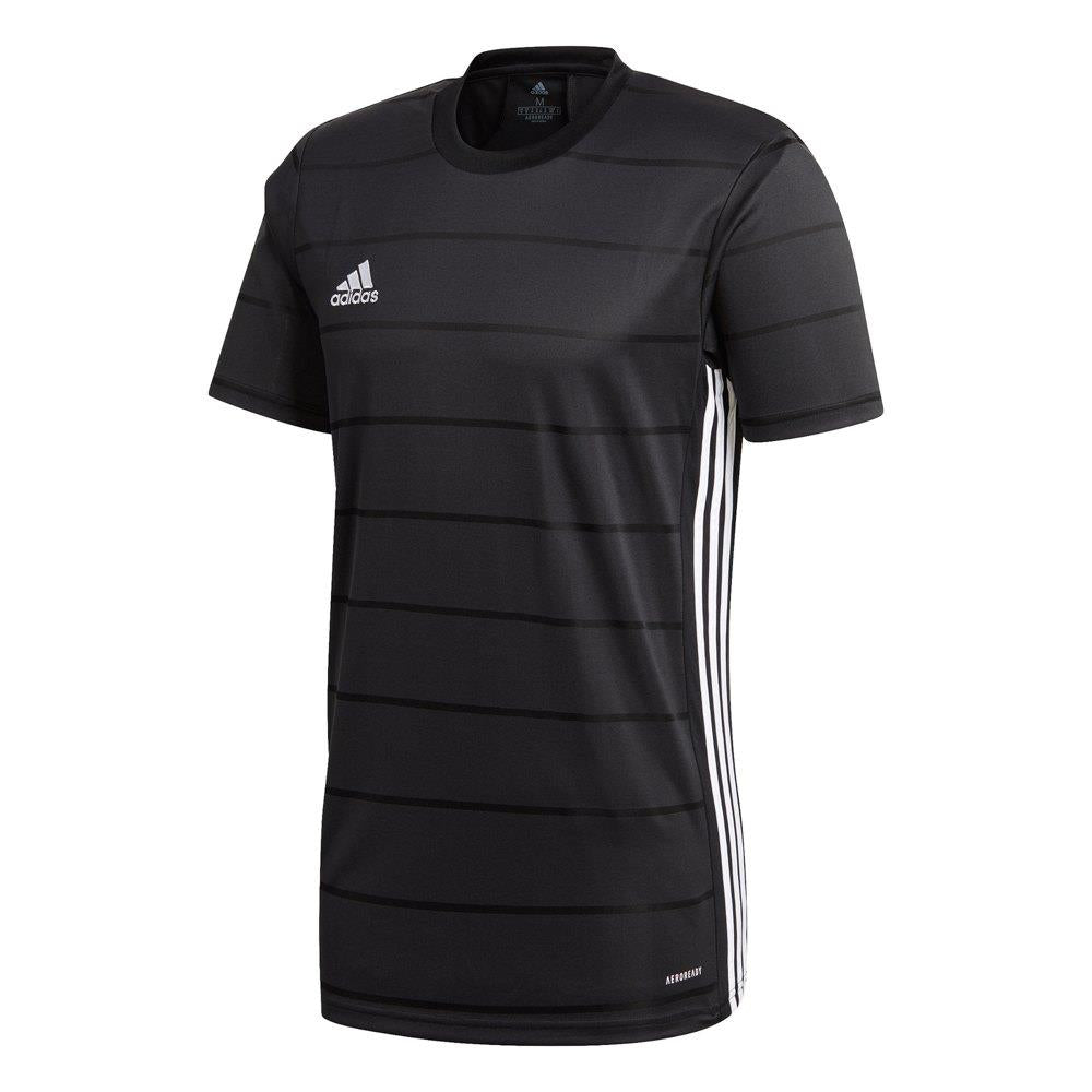 The Adidas Campeon 21 Men's SS Jersey T-Shirt in black, designed by adidas, features thin horizontal stripes, the iconic Adidas logo on the chest, and white side stripes. This short-sleeved shirt incorporates AEROREADY technology for moisture-absorbing comfort and is showcased against a plain white background.