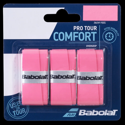 Photograph of a pack of Babolat Pro Tour X3 Comfort Badminton Overgrips in pink. The pack includes three overgrips, each adorned with the iconic Babolat logo. The packaging emphasizes extra durability and features a "use on tour" label, underscoring its status as an exceptional choice for comfort and performance.