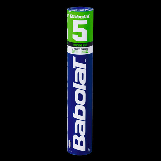 A cylindrical container of sturdy Babolat badminton feather shuttles, featuring a blue and green design with the Babolat logo vertically displayed. This Babolat set contains twelve shuttlecocks.