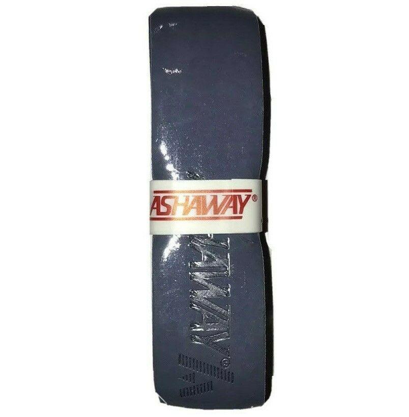 The Ashaway Super Grip Badminton Grip in Blue Grey is a neatly coiled grip tape featuring a tacky PU surface. The "Ashaway" logo, printed in white and red on a white band wrapped around the center, provides effective vibration reduction.