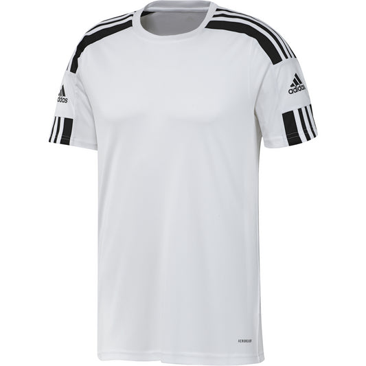 The Adidas Squadra 21 Men's Jersey T-Shirt in white showcases Aeroready Technology, ensuring you stay cool and dry. Highlighted by black stripes on the shoulders and sleeves, it prominently features the iconic adidas logo, making it a fantastic addition to the adidas Squadra 21 collection.