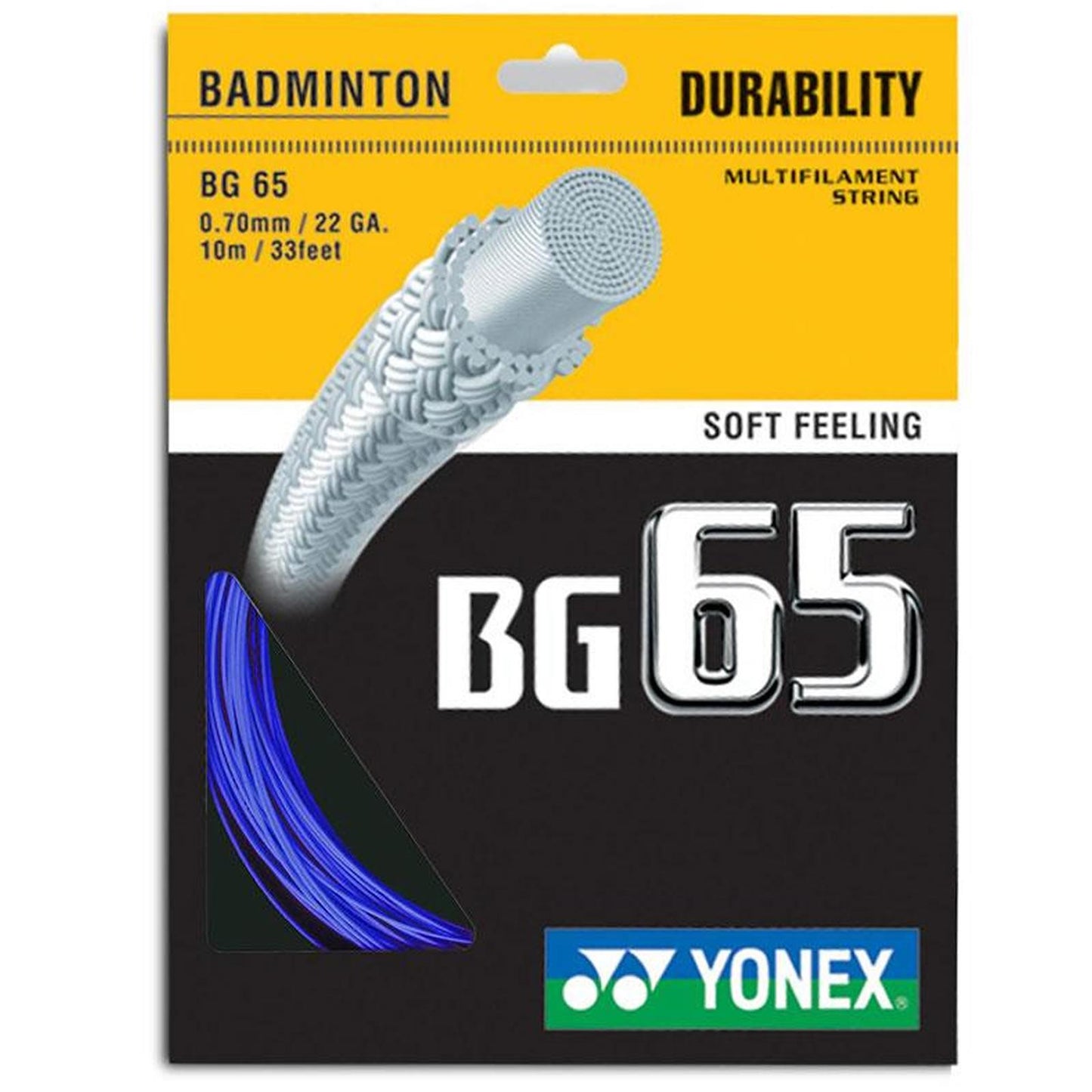 Packaging for the Yonex BG 65 badminton string features a royal blue and black design. The multifilament core is highlighted, emphasizing long durability and a soft feeling. The image showcases the string along with logos at the bottom.