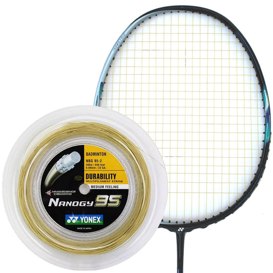 A Yonex badminton racket utilizing the Cup-stack Carbon Nanotube technology for improved durability is paired with a Yonex Nanogy 95 Badminton String Gold - 0.69mm 200m Reel in the foreground. The racket features a black frame and white stringing, while the string reel displays product details along with its vibrant gold string coil.