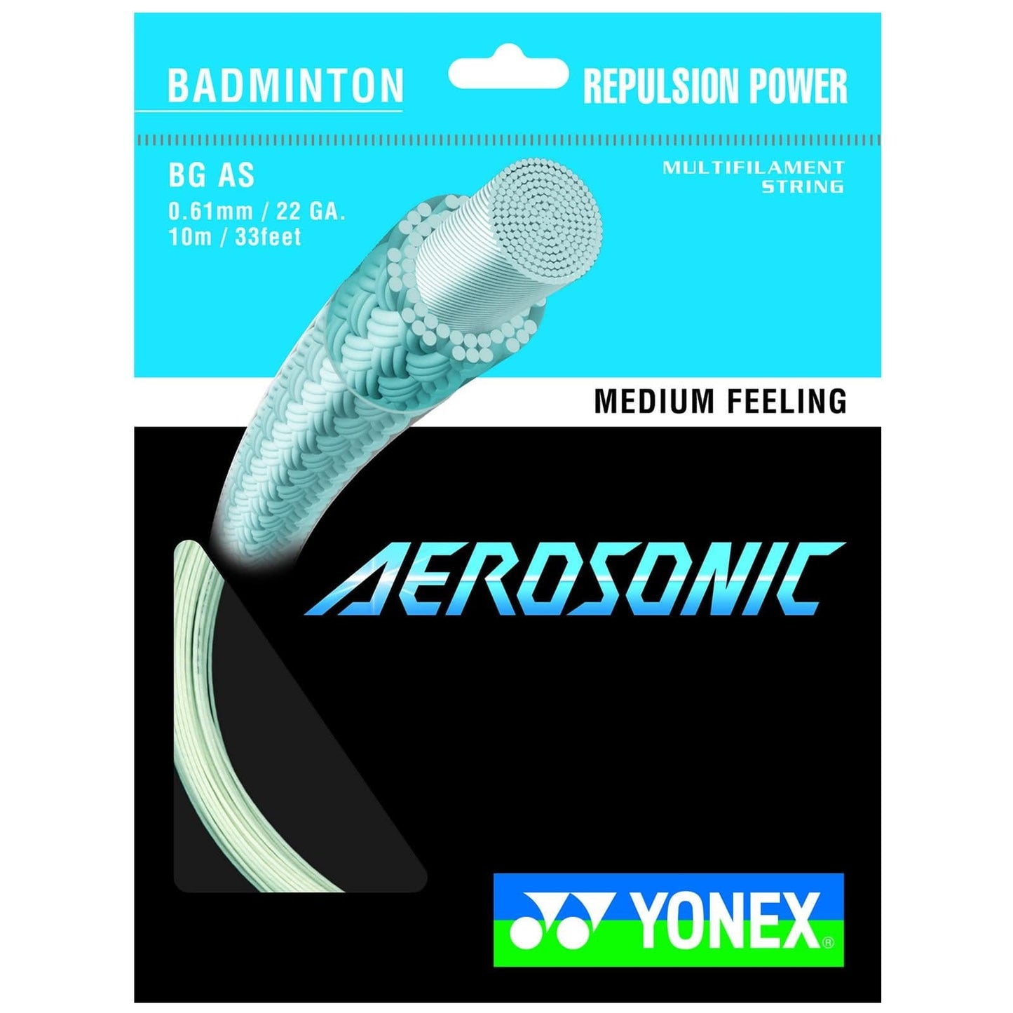 The Yonex Aerosonic Badminton String White - 0.61mm 10m Packet from Yonex features packaging with a detailed cross-sectional image, emphasizing its "Repulsion Power" and "Medium Feeling." It highlights specifics like an ultra-thin 0.61mm gauge and a length of 10m.