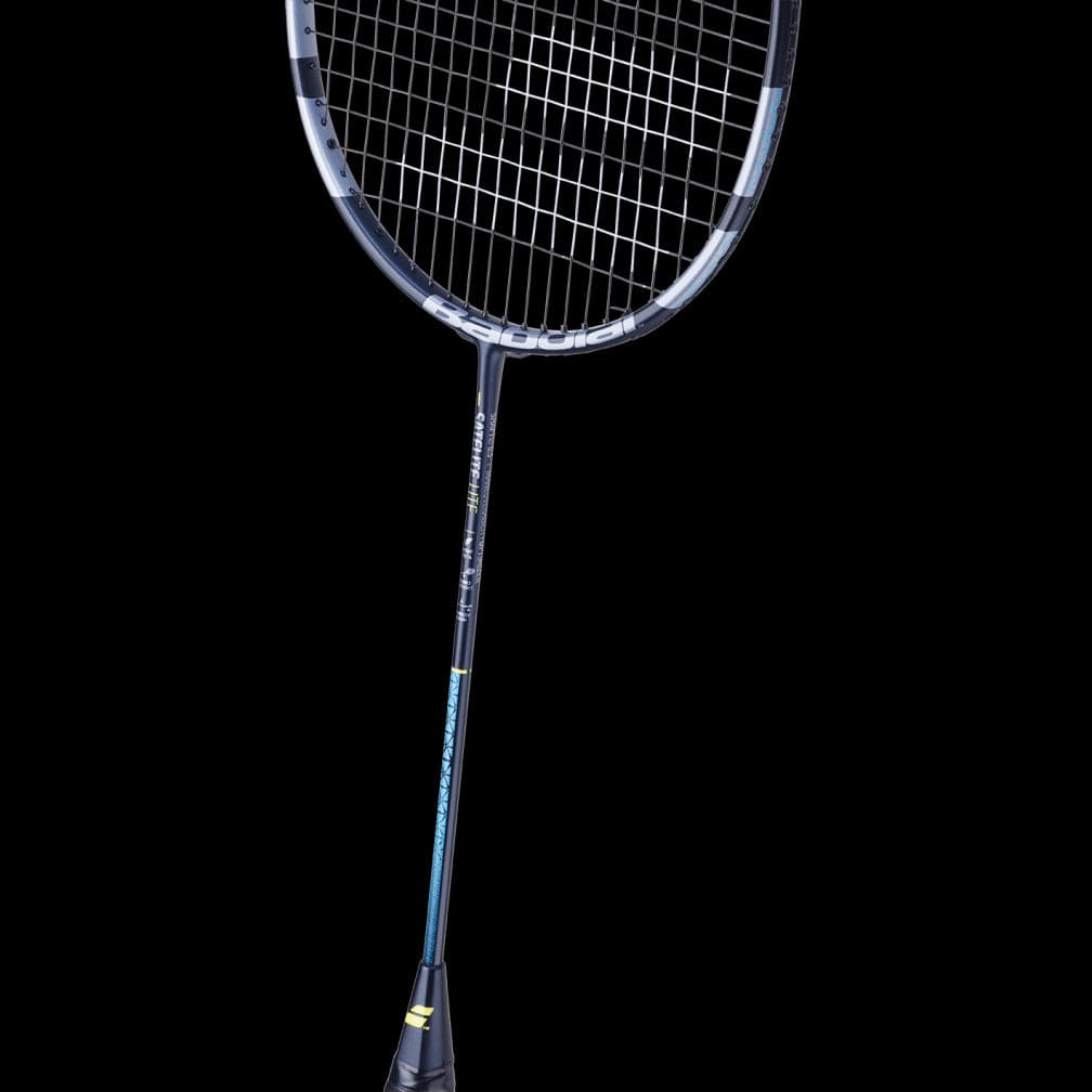 Image of the Babolat Satelite Lite Badminton Racket – Blue, featuring a sleek black frame with an aerodynamic design and stylish blue accents along the shaft, set against a black background. The grid of strings enhances maneuverability, making it an ideal choice for players seeking precision and control.