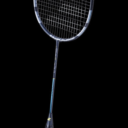 Image of the Babolat Satelite Lite Badminton Racket – Blue, featuring a sleek black frame with an aerodynamic design and stylish blue accents along the shaft, set against a black background. The grid of strings enhances maneuverability, making it an ideal choice for players seeking precision and control.