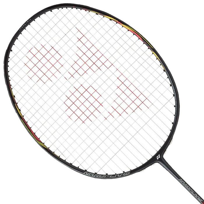 Close-up of the Yonex Nanoflare 800 4U Badminton Racket in black, designed for advanced players. It showcases red and yellow accents on its frame, tightly woven strings, and a partially visible handle that emphasizes its lightweight and aerodynamic design for a speed attack.