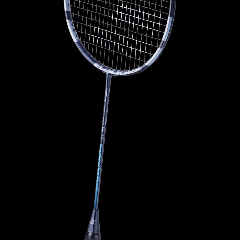 The Babolat Satelite Power Badminton Racket in blue, set against a dark background, exudes control and speed with its sleek design. Its tightly woven strings guarantee precise maneuverability, while the glossy handle offers a sturdy grip, making it perfect for achieving peak performance on the court.