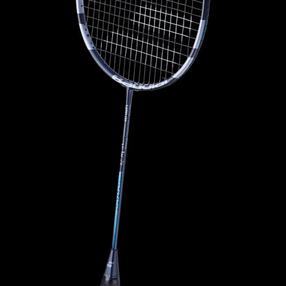 The Babolat Satelite Power Badminton Racket in blue, set against a dark background, exudes control and speed with its sleek design. Its tightly woven strings guarantee precise maneuverability, while the glossy handle offers a sturdy grip, making it perfect for achieving peak performance on the court.