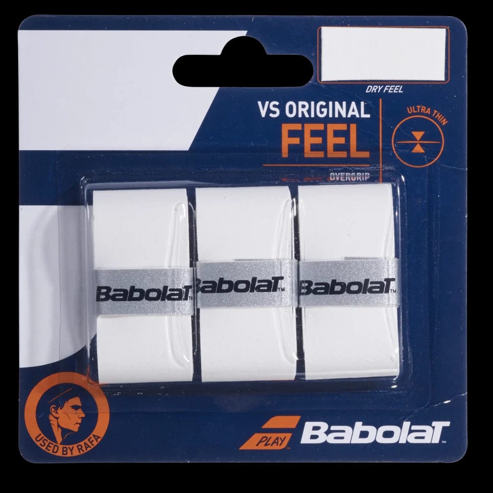 A set of three Babolat VS Original X3 white overgrips, suitable for badminton, offers a "Dry and Soft Feel" for superior absorption. The packaging is adorned with the brand logo and an image of a tennis player.