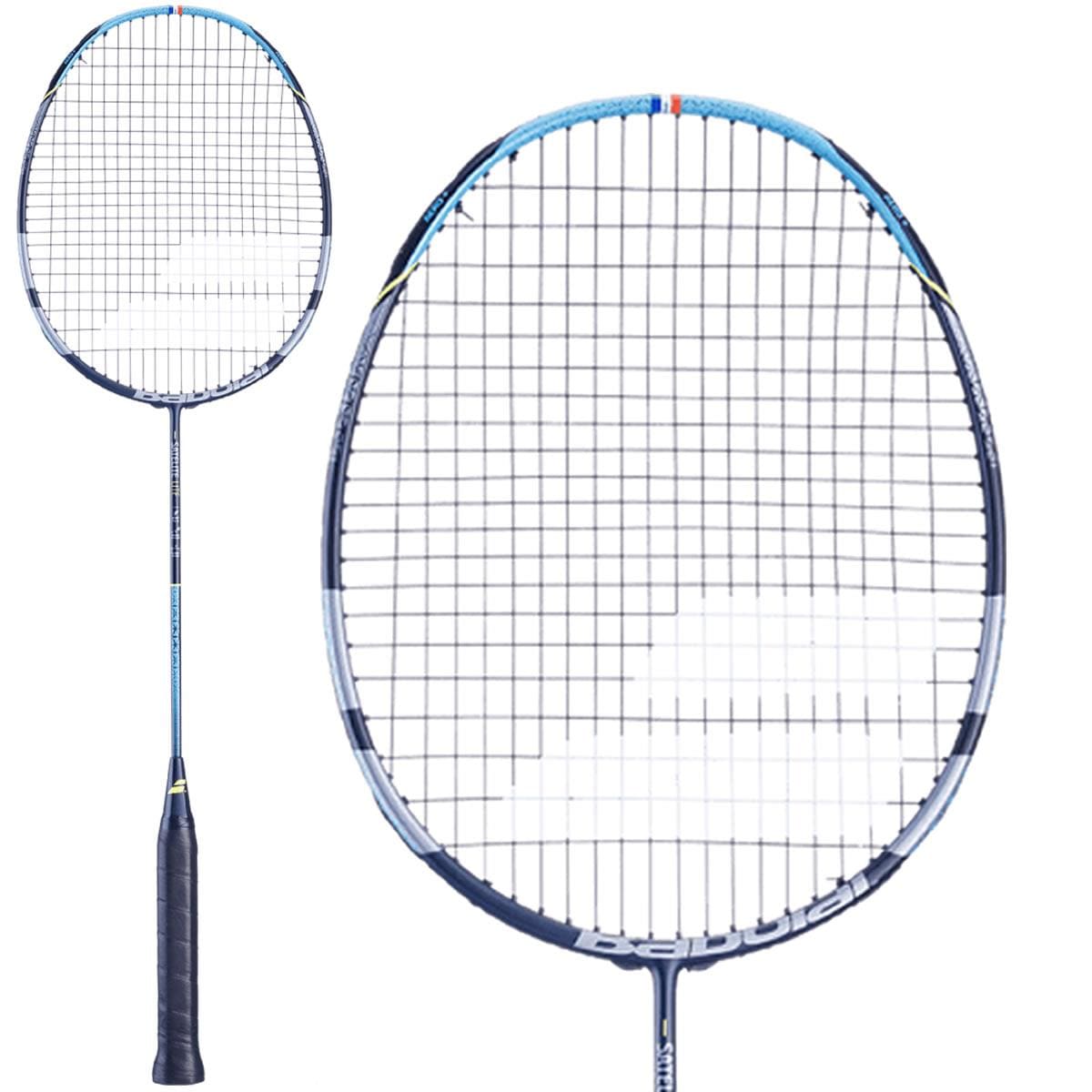 The Babolat Satelite Lite Badminton Racket - Blue from Babolat is displayed in a close-up, highlighting its blue and black frame designed for advanced aerodynamics to improve manoeuvrability. Its tightly woven string pattern accentuates the sleek design, while the handle features a black grip tape wrap. The racket is presented from the front and at an angle.