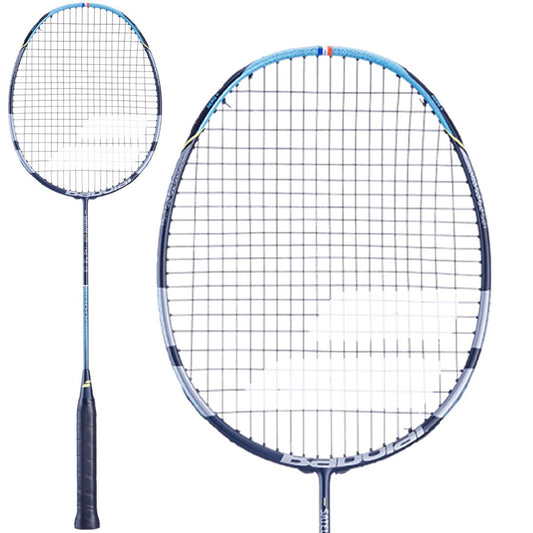 The Babolat Satelite Lite Badminton Racket - Blue from Babolat is displayed in a close-up, highlighting its blue and black frame designed for advanced aerodynamics to improve manoeuvrability. Its tightly woven string pattern accentuates the sleek design, while the handle features a black grip tape wrap. The racket is presented from the front and at an angle.