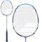 The Babolat Satelite Lite Badminton Racket - Blue from Babolat is displayed in a close-up, highlighting its blue and black frame designed for advanced aerodynamics to improve manoeuvrability. Its tightly woven string pattern accentuates the sleek design, while the handle features a black grip tape wrap. The racket is presented from the front and at an angle.