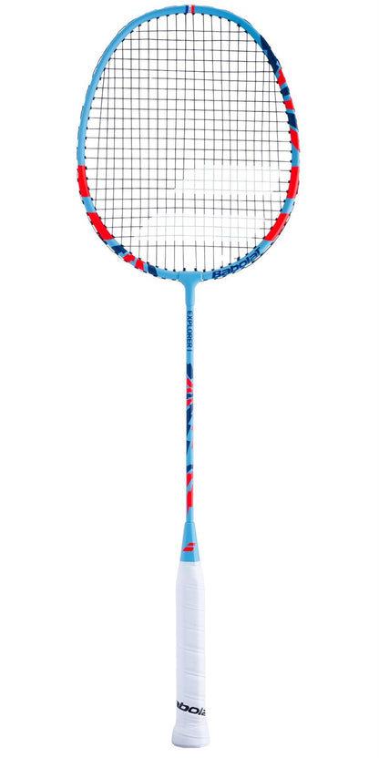 The Babolat Explorer I Badminton Racket by Babolat boasts a blue and red frame with a white grip, making it an ideal choice for beginner-level players. The racket features tightly woven strings and a handle designed to provide a comfortable, secure hold with its white wrapping.