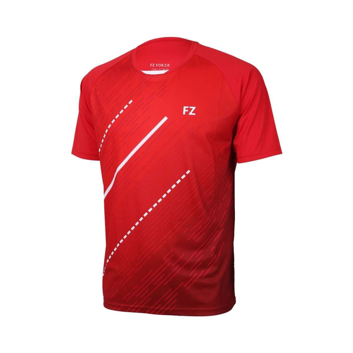 The FZ Forza Balkan Red Boys/Mens Badminton T-Shirt is a stylish athletic shirt in red, showcasing a modern design with diagonal white lines and abstract patterns. With short sleeves for added comfort, it prominently features the "FZ Forza" branding on the chest.