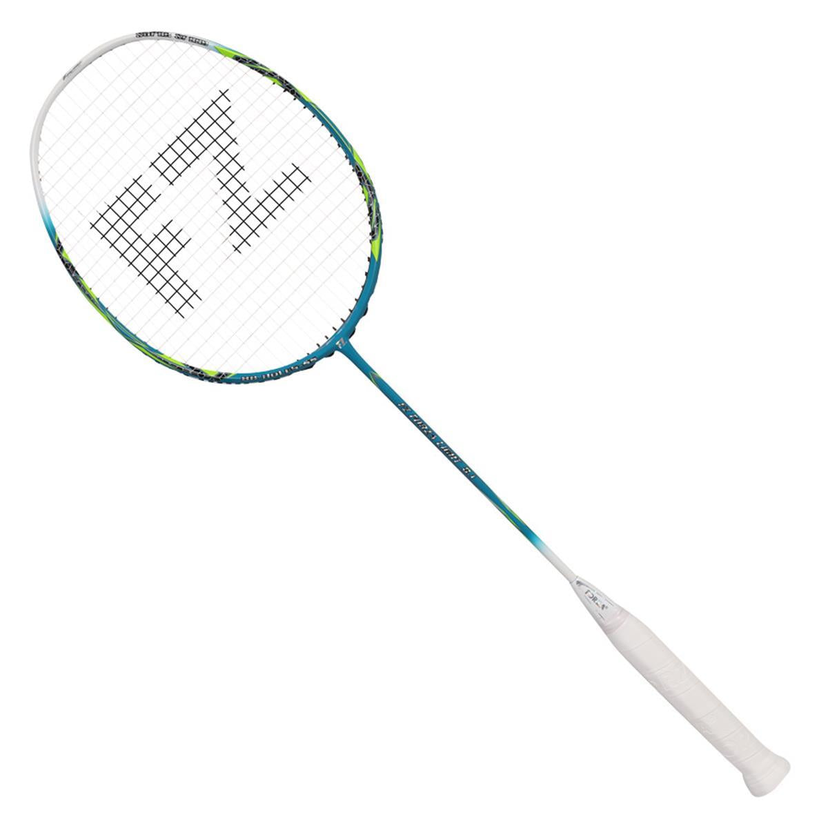 The FZ Forza Light 8.1 badminton racket, featuring a blue and green frame, prominently showcases "FZ" on the strings and is constructed from UHM Graphite for exceptional durability. The handle is stylishly wrapped in white grip tape, ensuring both elegance and top-notch performance.