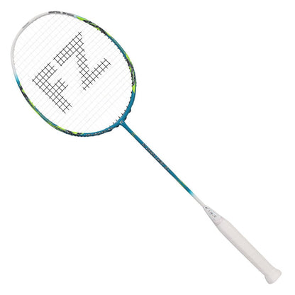 The FZ Forza Light 8.1 badminton racket, featuring a blue and green frame, prominently showcases "FZ" on the strings and is constructed from UHM Graphite for exceptional durability. The handle is stylishly wrapped in white grip tape, ensuring both elegance and top-notch performance.