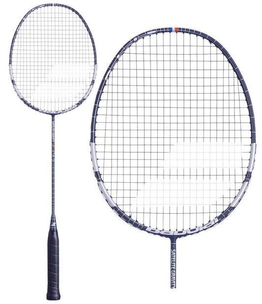 Introducing the Babolat Satelite Gravity 74 LTD, an ultra-lightweight badminton racket ideal for defensive players. It boasts a stylish black and silver frame, complemented by a grid-like string pattern and a textured grip handle. The racket is elegantly presented with both side and front views of the head.