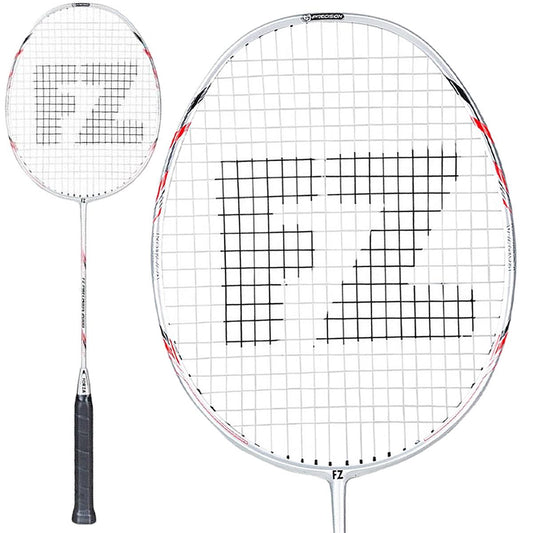 The FZ Forza Precision 2000 Badminton Racket in Silver Red features a graphite construction, black grip, and white frame, making it ideal for beginner players. Its flexible shaft improves control, while the string pattern prominently displays "FZ" at the center. The racket is presented from both side and front views.