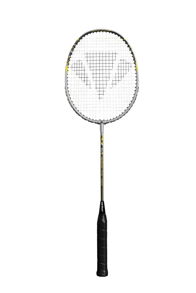 The Carlton Aeroblade 4000 Badminton Racket by Carlton features a robust titanium composite shaft and a circular head with a black handle. The strings are arranged in a grid pattern, with the logo subtly placed near the center. This head-heavy power racket's sleek silver design makes it perfect for competitive play.