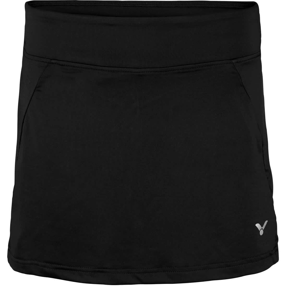 Introducing the Victor Badminton Skirt Skort 4188 Black by Victor, a stylish black sport skirt featuring a smooth waistband and two side pockets. Made from breathable material, its lightweight and stretchy fabric offers an elastic fit ideal for both sports activities and casual outings. A small logo is subtly placed near the hem for a touch of elegance.