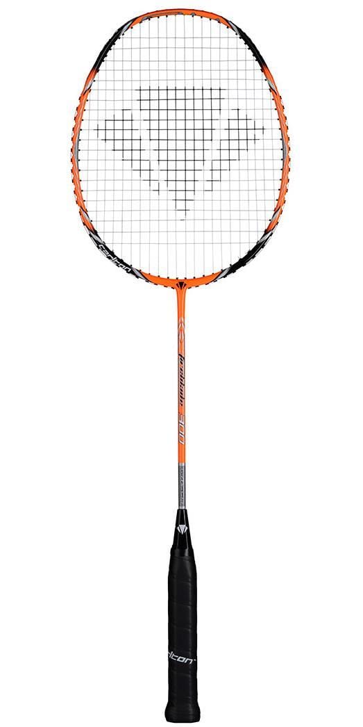 The Carlton Fireblade 300 Badminton Racket by Carlton features an orange frame and a black grip, crafted from Japanese HM Carbon. The strings elegantly display a logo design at the center.