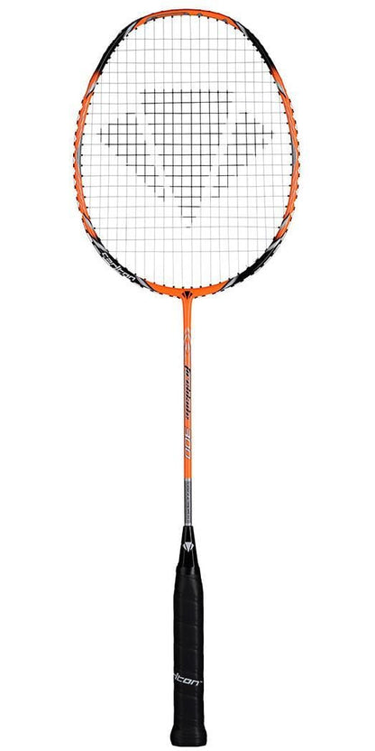 The Carlton Fireblade 300 Badminton Racket by Carlton features an orange frame and a black grip, crafted from Japanese HM Carbon. The strings elegantly display a logo design at the center.