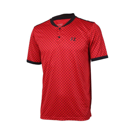 The FZ Forza Bronx Chinese Red Badminton T-Shirt by FZ Forza is a red short-sleeve tee designed with a sleek black diamond pattern. It has a stylish black collar and sleeve trim, along with two black buttons at the neckline. Equipped with Dry-Forze technology for enhanced performance, it features the "FZ" logo on the left chest for added style.