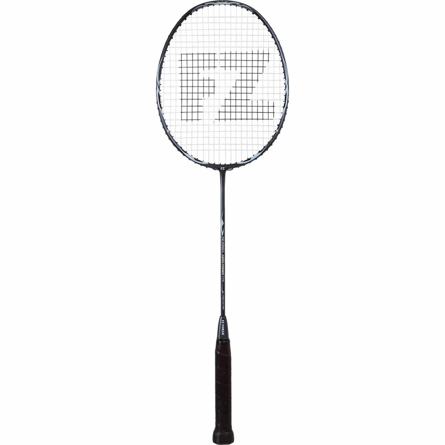 The FZ Forza Aero Power 776 Badminton Racket in black, by FZ Forza, is tailored for players at intermediate to advanced levels. It boasts a slim frame with strings in a grid pattern and prominently displays the "FZ" logo. The handle is wrapped in black grip tape to enhance control.