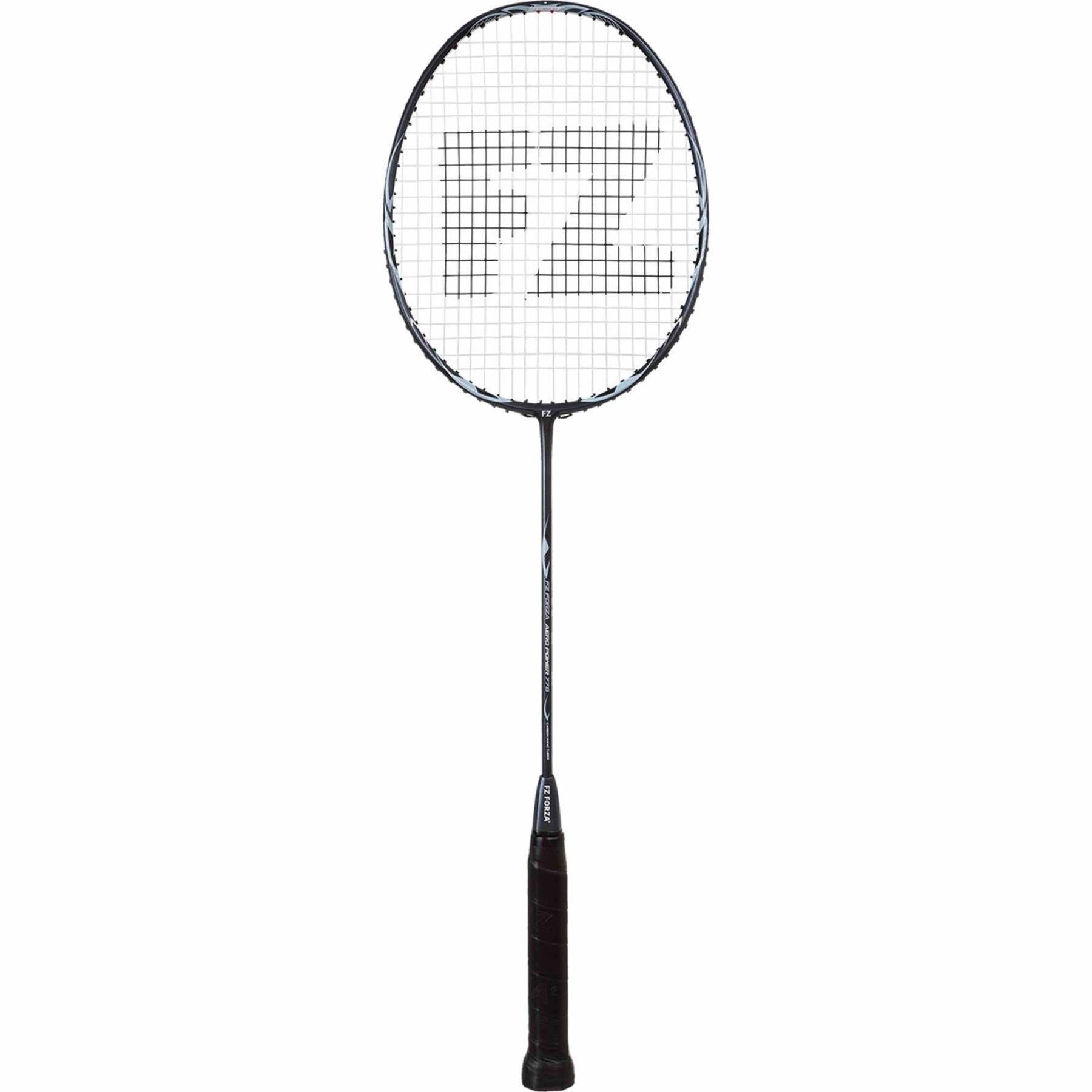 The FZ Forza Aero Power 776 Badminton Racket in black, by FZ Forza, is tailored for players at intermediate to advanced levels. It boasts a slim frame with strings in a grid pattern and prominently displays the "FZ" logo. The handle is wrapped in black grip tape to enhance control.