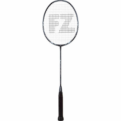 The FZ Forza Aero Power 776 Badminton Racket in black, by FZ Forza, is tailored for players at intermediate to advanced levels. It boasts a slim frame with strings in a grid pattern and prominently displays the "FZ" logo. The handle is wrapped in black grip tape to enhance control.