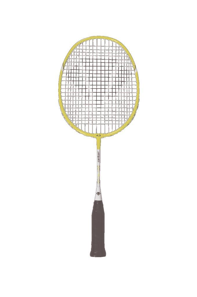 The Carlton Mini-Blade ISO 4.3 Junior Badminton Racket, featuring a striking yellow design with a black grip and white shaft, is ideal for young beginners. It is beautifully showcased against a pristine white background.