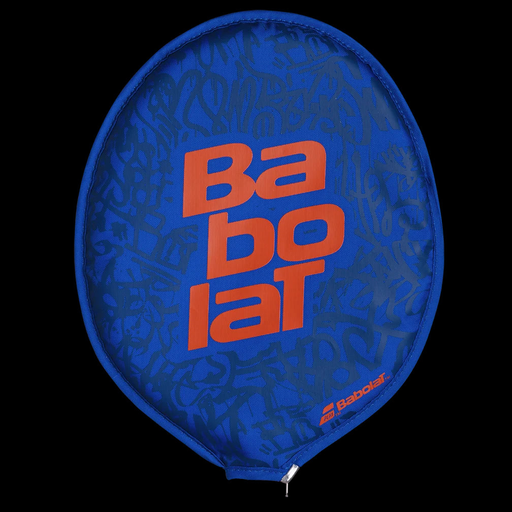 Introducing the Babolat Badminton Racket Head Cover - Ba Bo Lat in blue, which prominently showcases an eye-catching orange "Babolat" logo at its center against a backdrop of abstract patterns. This stylish cover, crafted specifically for badminton rackets, features a bottom zipper and a synthetic fur lining to enhance protection.