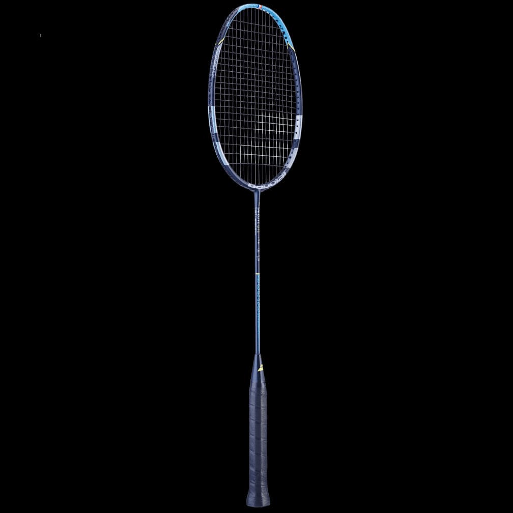 The image features the Babolat Satelite Lite Badminton Racket in blue, showcasing its sleek black and blue design with aerodynamics-enhanced grid-patterned stringing and a black grip, all set against a plain black background.