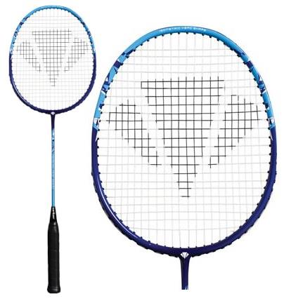 The Carlton Aeroblade 5000 Badminton Racket - Blue by Carlton showcases a blue frame and a black handle. Crafted from Titanium Composite, it features strings arranged in a unique triangular pattern. The racket is displayed with two perspectives: one showing the full length and another offering a close-up of the head.