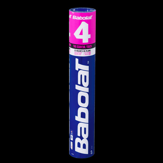 A set of 12 Babolat 4 Badminton Feather Shuttles, featuring a blue and pink design with branding and product information on a sleek black background, is ideal for training sessions.