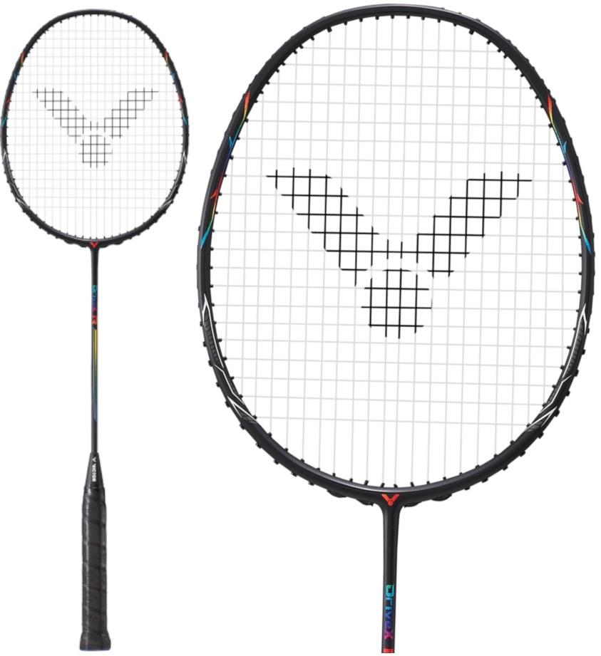 The Victor Drive XR Badminton Racket by Victor boasts a sleek modern black frame and strings, with the brand's logo pattern prominently displayed on the head. The textured black grip offers comfort, while its head-light design enhances agility. It is presented in two angles: one showing a full view and another offering a close-up of the racket's head.