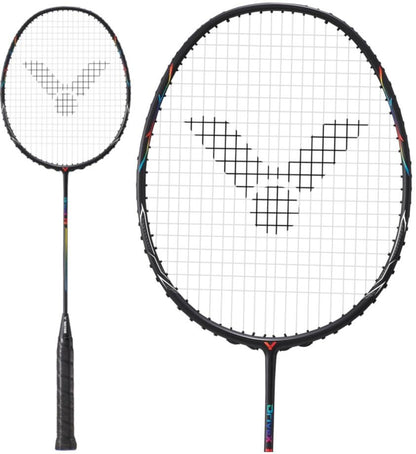 The Victor Drive XR Badminton Racket by Victor boasts a sleek modern black frame and strings, with the brand's logo pattern prominently displayed on the head. The textured black grip offers comfort, while its head-light design enhances agility. It is presented in two angles: one showing a full view and another offering a close-up of the racket's head.