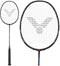 The Victor Drive XR Badminton Racket by Victor boasts a sleek modern black frame and strings, with the brand's logo pattern prominently displayed on the head. The textured black grip offers comfort, while its head-light design enhances agility. It is presented in two angles: one showing a full view and another offering a close-up of the racket's head.