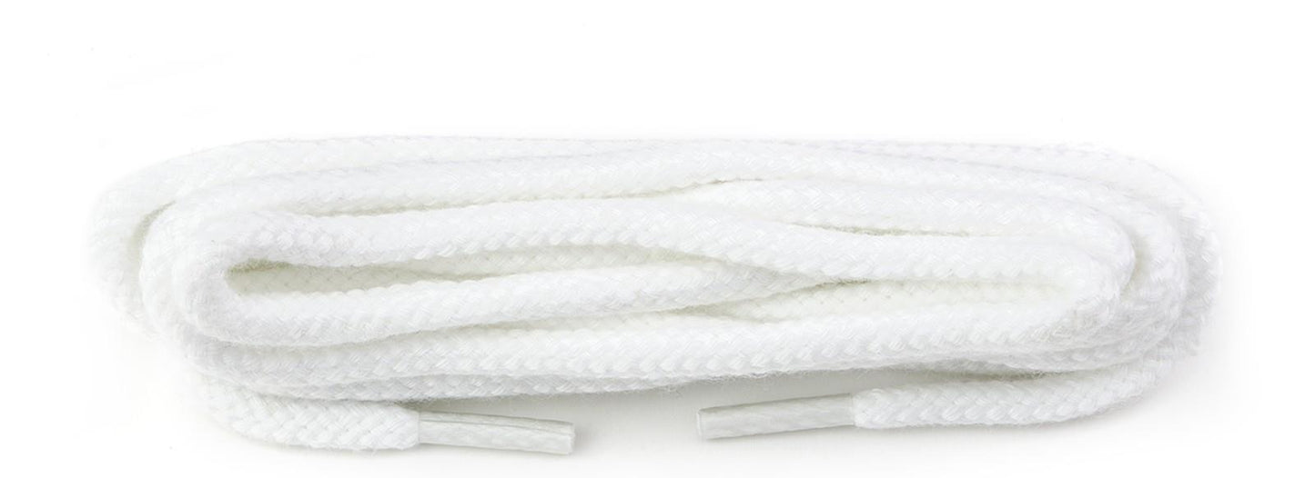 A close-up image of Shoestring Cord 5mm Badminton Shoe Laces in white, measuring 140cm, coiled against a plain white background. These laces are equipped with plastic aglets at both ends, making them perfect for giving your badminton shoes a refresh.