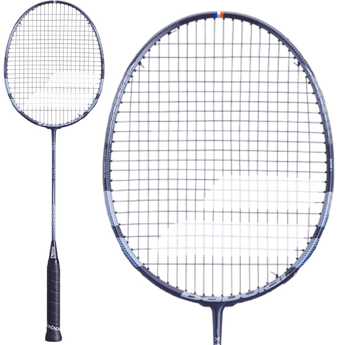 The Babolat X-Feel Essential Badminton Racket - Blue Grey, crafted by Babolat, boasts a sleek blue-grey frame and a black handle built for longevity and high performance. With its Metric Flex technology, the racket's string mesh pattern is designed to elevate your gameplay. The image provides a complete view with a detailed look at the racket head.