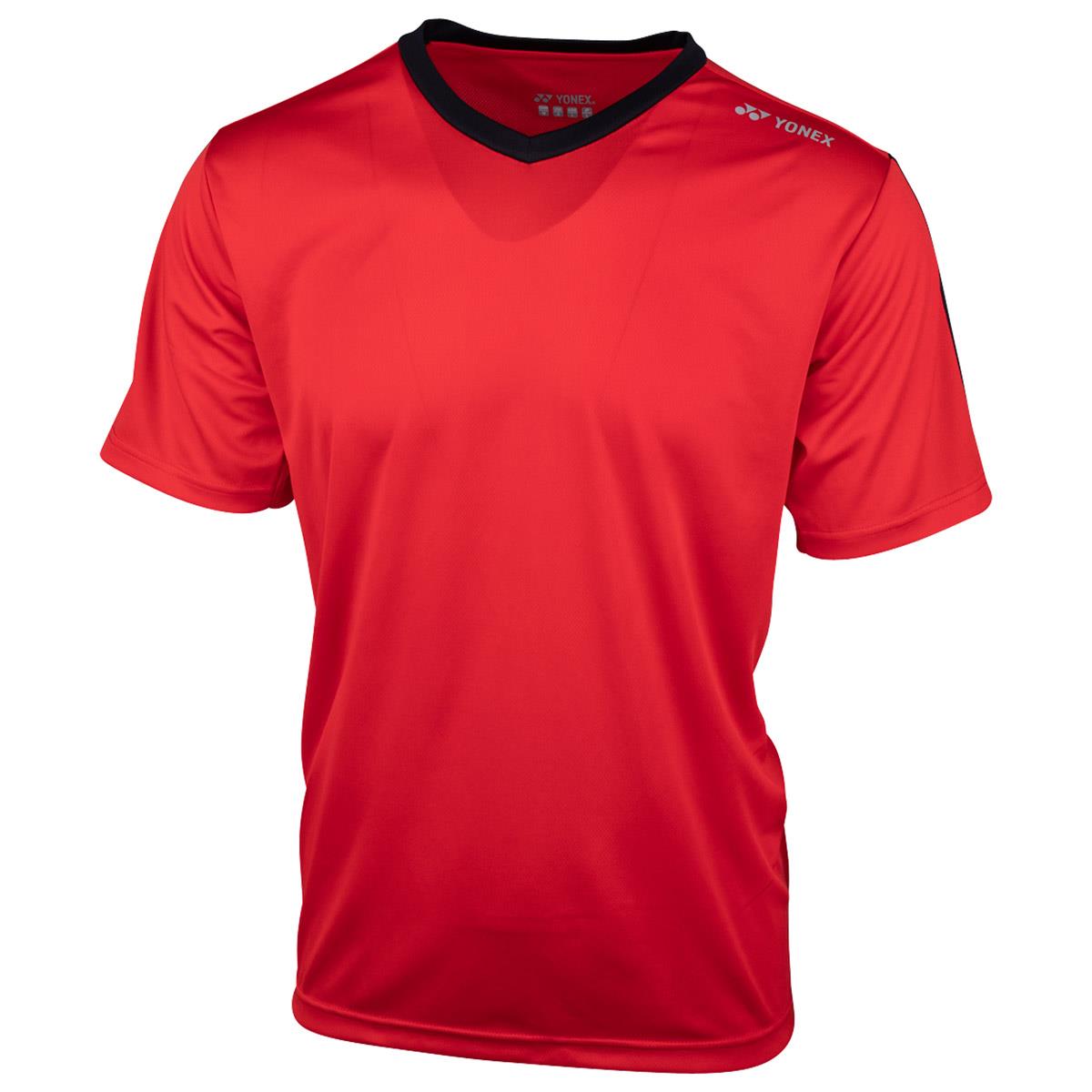 The Yonex YTM3 Men's Badminton T-Shirt in red sports a sleek black V-neck collar and prominently displays the Yonex logo on the right shoulder. This short-sleeved shirt is made from lightweight, breathable fabric, providing comfort during intense matches.