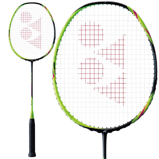 A close-up showcases the Yonex Astrox 6 Badminton Racket in Black Lime Green, ideal for intermediate players. The racket features a green and black frame with strings that display a red logo pattern. Its black handle with grip cover completes the sleek and modern design by Yonex.