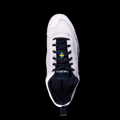 A white and navy shoe, known as the Salming Viper SL Men's Badminton Shoe, showcases a hexagonal pattern and features black laces with a small Swedish flag. The brand name "Salming" is prominently displayed on the tongue and inner sole. This lightweight court shoe is photographed against a black background.